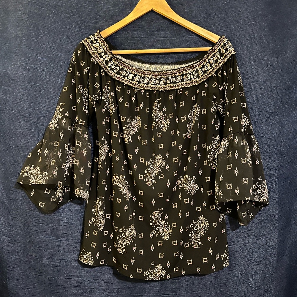 WHBM: Black Paisley Women's Off the Shoulder Top
